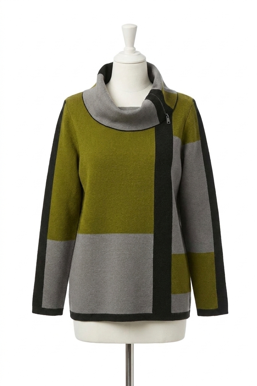 NEW JOSEPH RIBKOFF colorblock cowl neck sweater top in black/artichoke/grey
